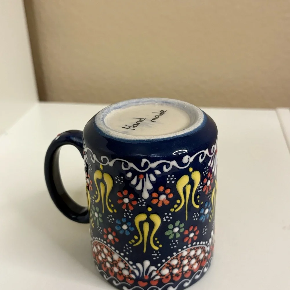 Hand-Painted Ceramic Mug in Navy Blue with Multicolor Floral Pattern
